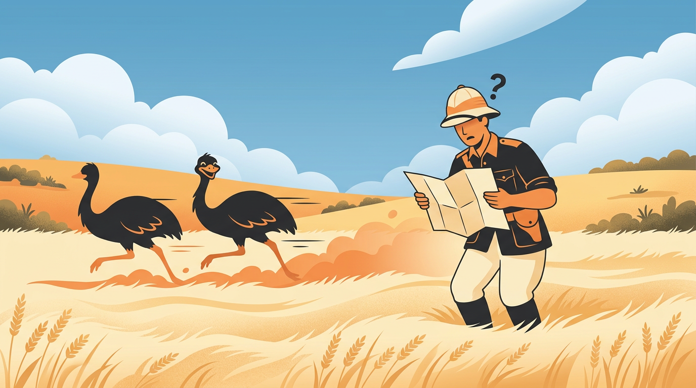 A comical illustration of a 1930s military officer standing confused in an Australian wheat field while fast-running emus zip past him.