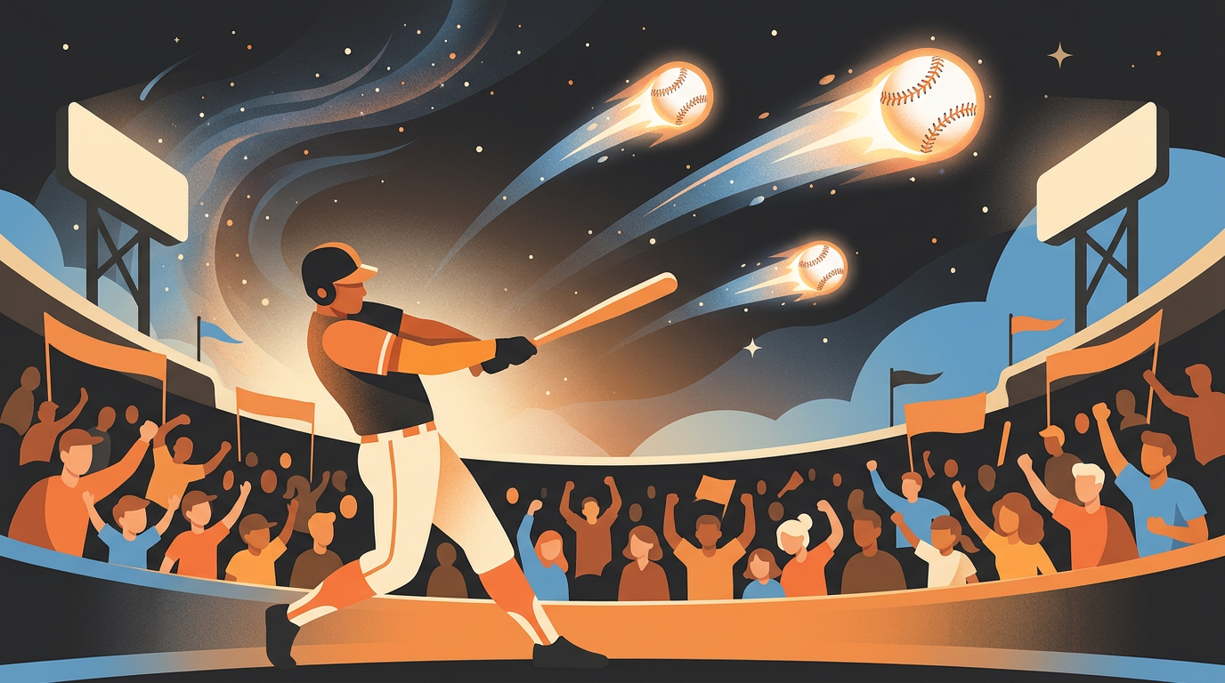 Illustration of a baseball player swinging a bat with two glowing meteoric baseballs soaring into the night sky above a stadium.