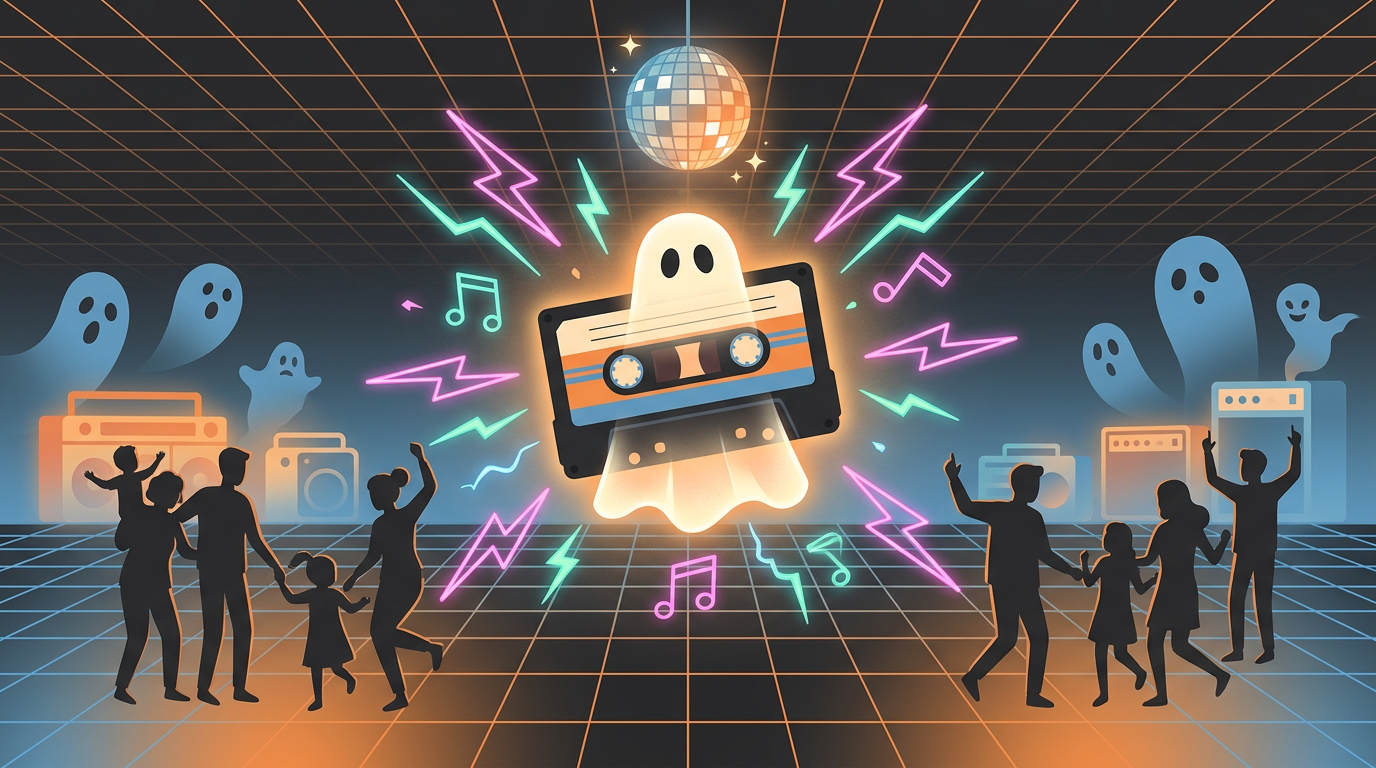 Retro digital artwork of a glowing 1980s cassette tape dressed as a ghost against a synthwave background.