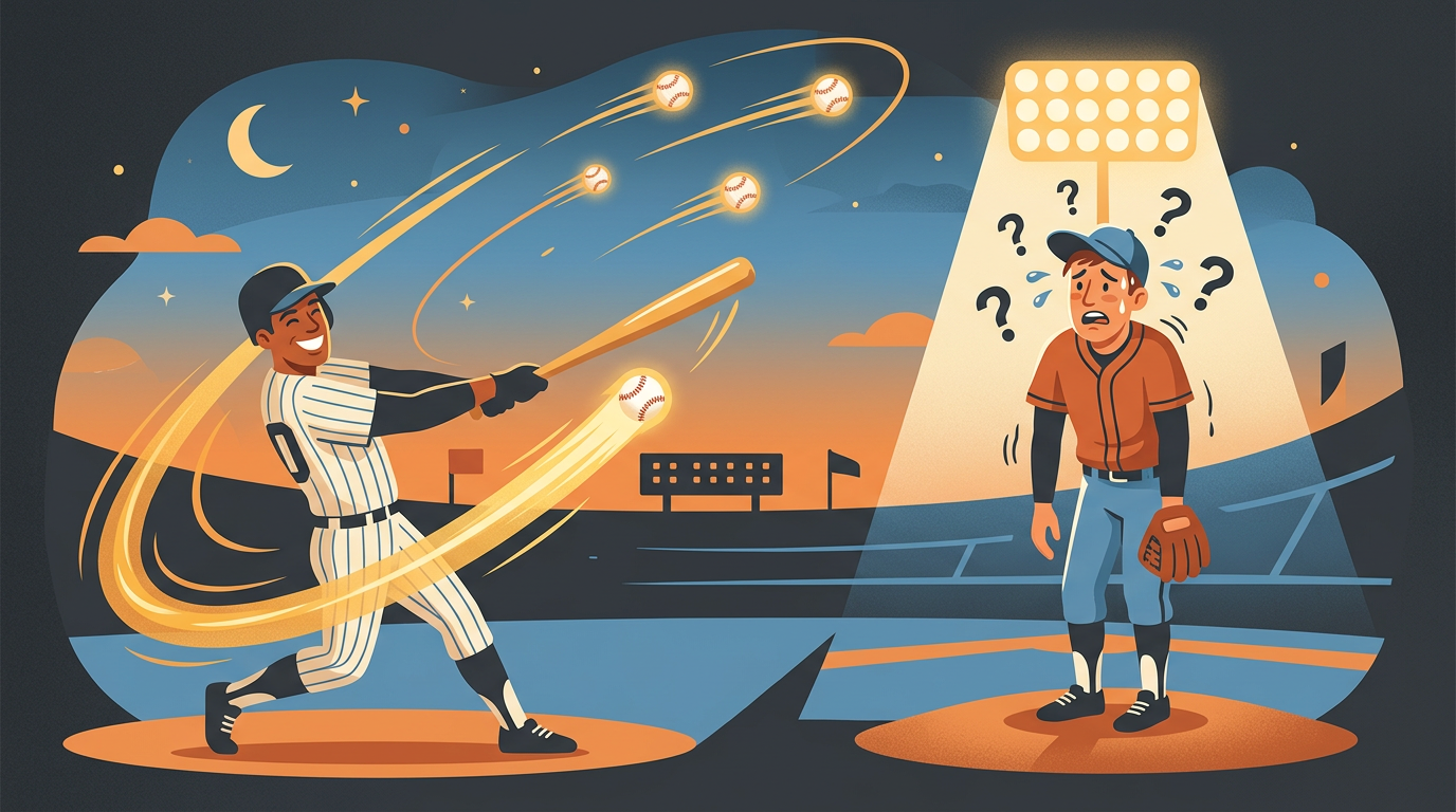 A retro comic illustration of a baseball batter hitting a powerful home run while a pitcher looks on in disbelief.