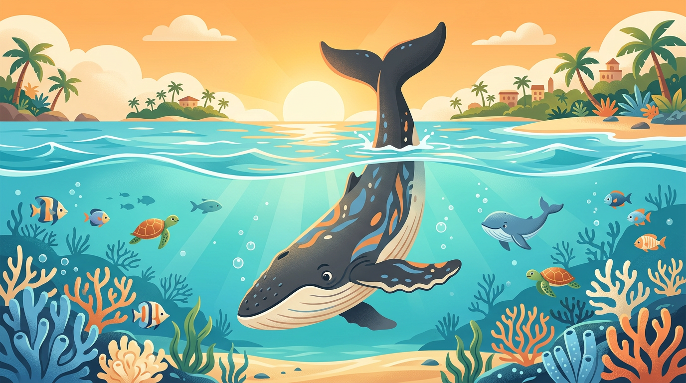 Illustration of a giant humpback whale floating upside down in clear ocean water with its tail fin protruding straight out of the surface.