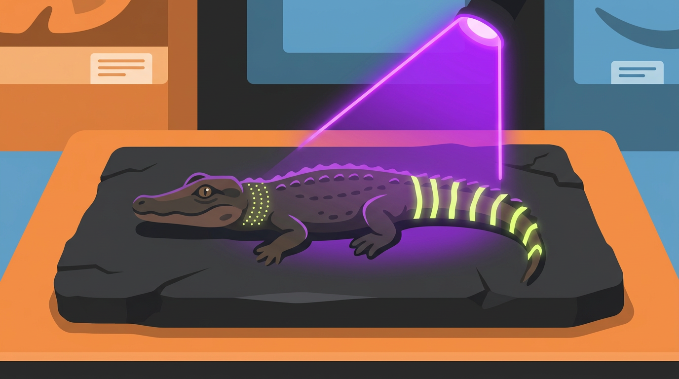 Digital illustration of a small prehistoric crocodile fossil glowing under a purple blacklight reveal stripes on its tail.