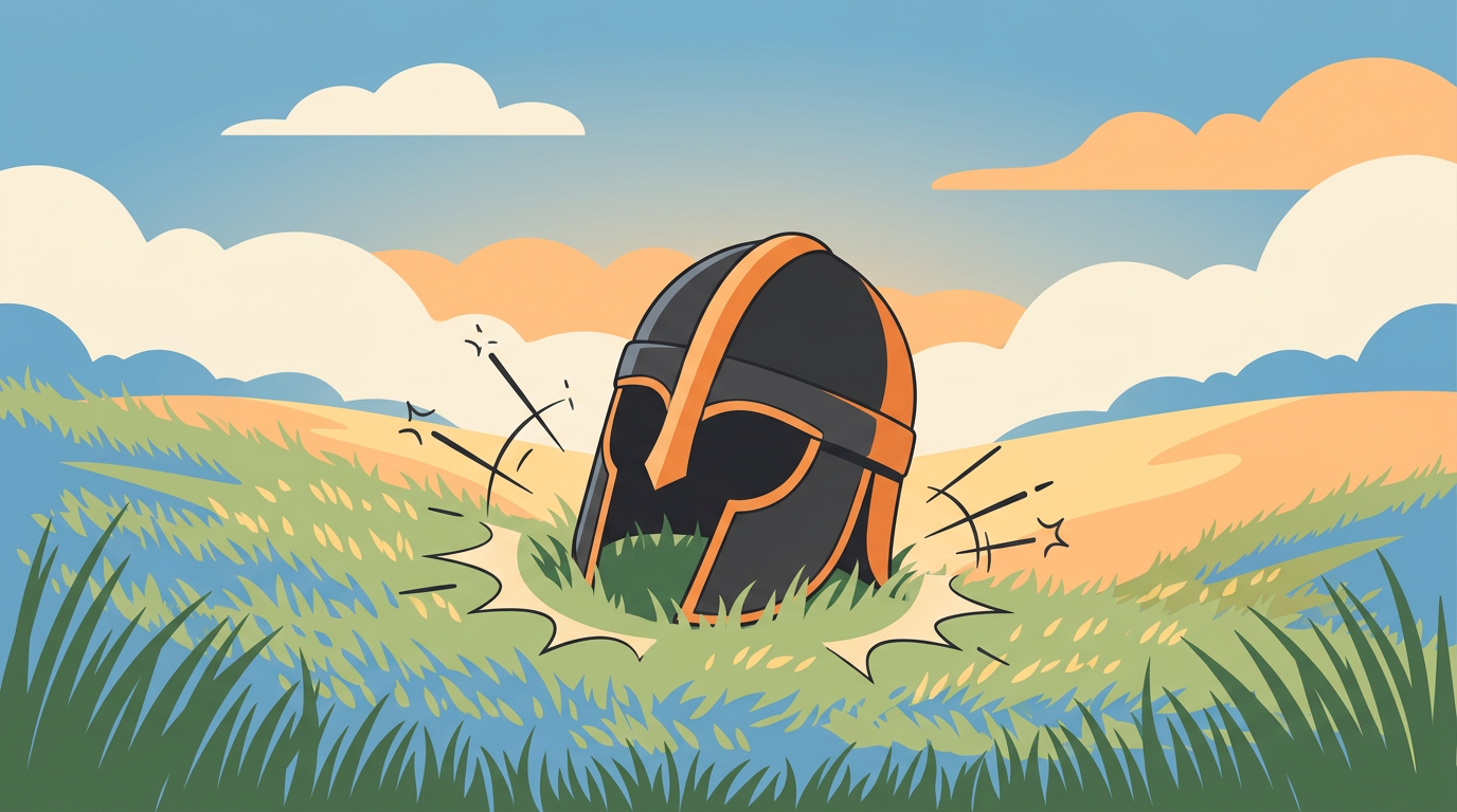 Illustration of a metal fantasy helmet sitting on grass with cartoon impact lines around it.