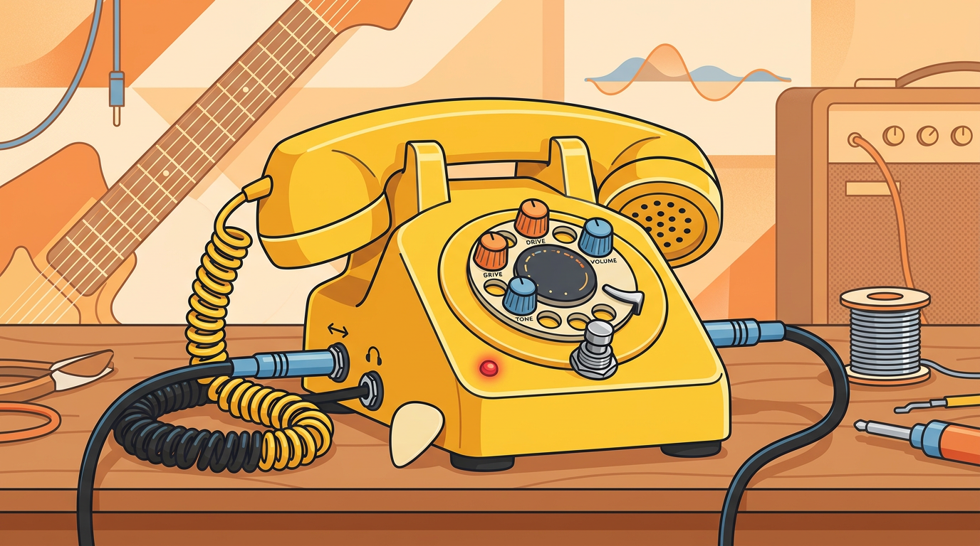 A retro yellow rotary telephone modified into an electronic guitar pedal with cables plugged into it.