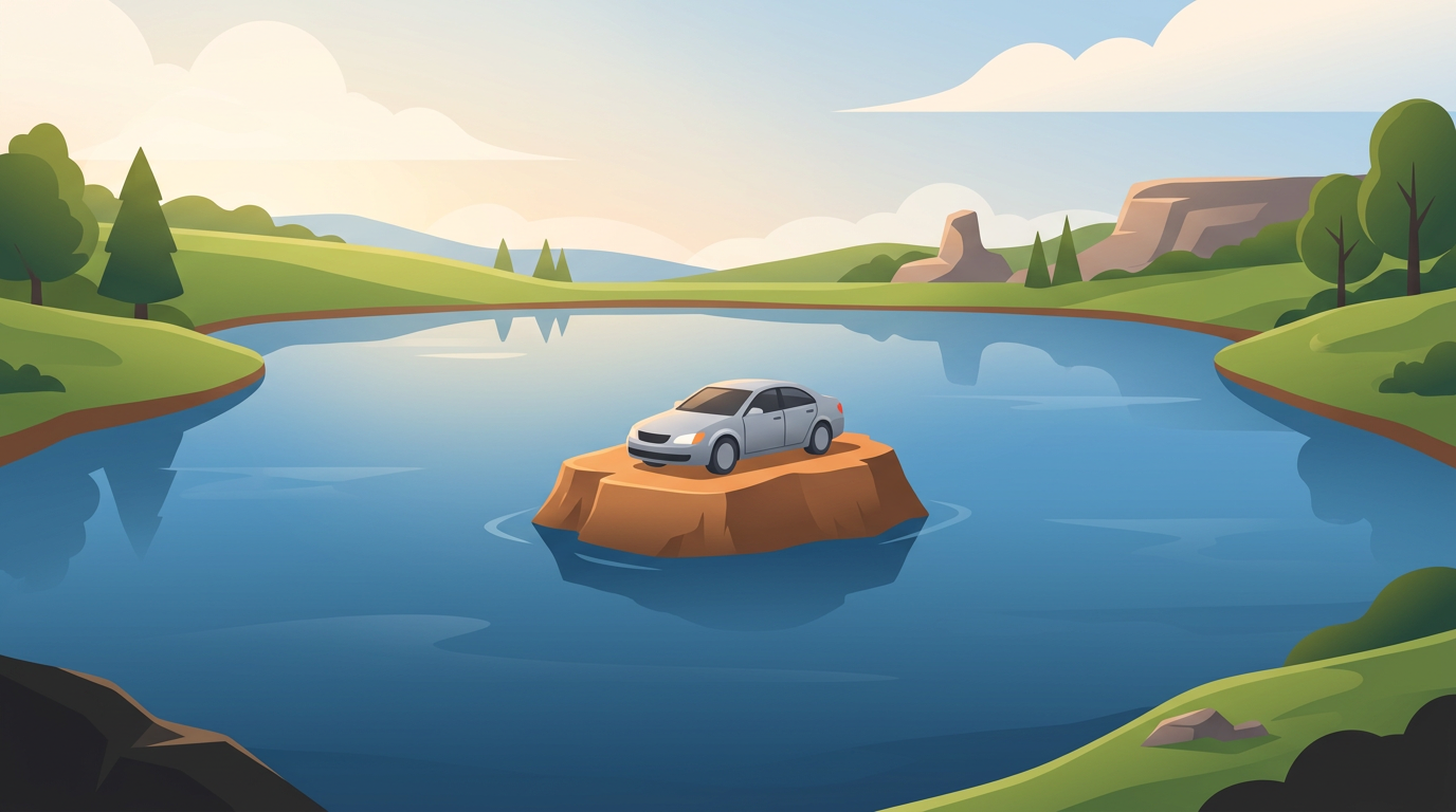 Illustration of a silver sedan sitting on a tiny isolated patch of land surrounded by a deep blue flooded quarry lake.