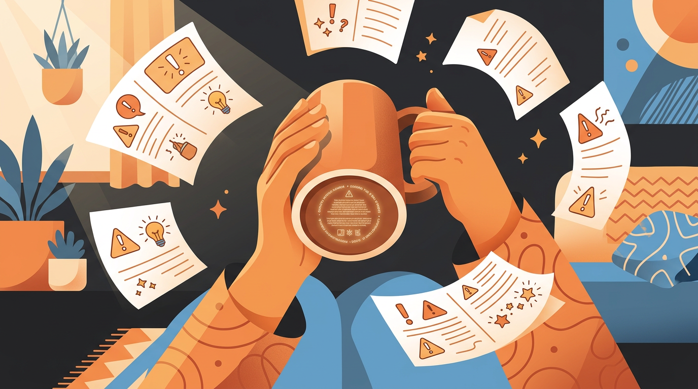 Illustration of a person holding an upside-down coffee mug reading funny fine print on the bottom.