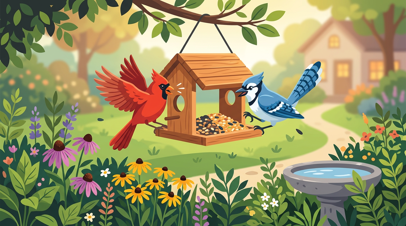 A colorful illustration of a cardinal and a blue jay facing off over a bird feeder surrounded by leafy native plants and flowers.
