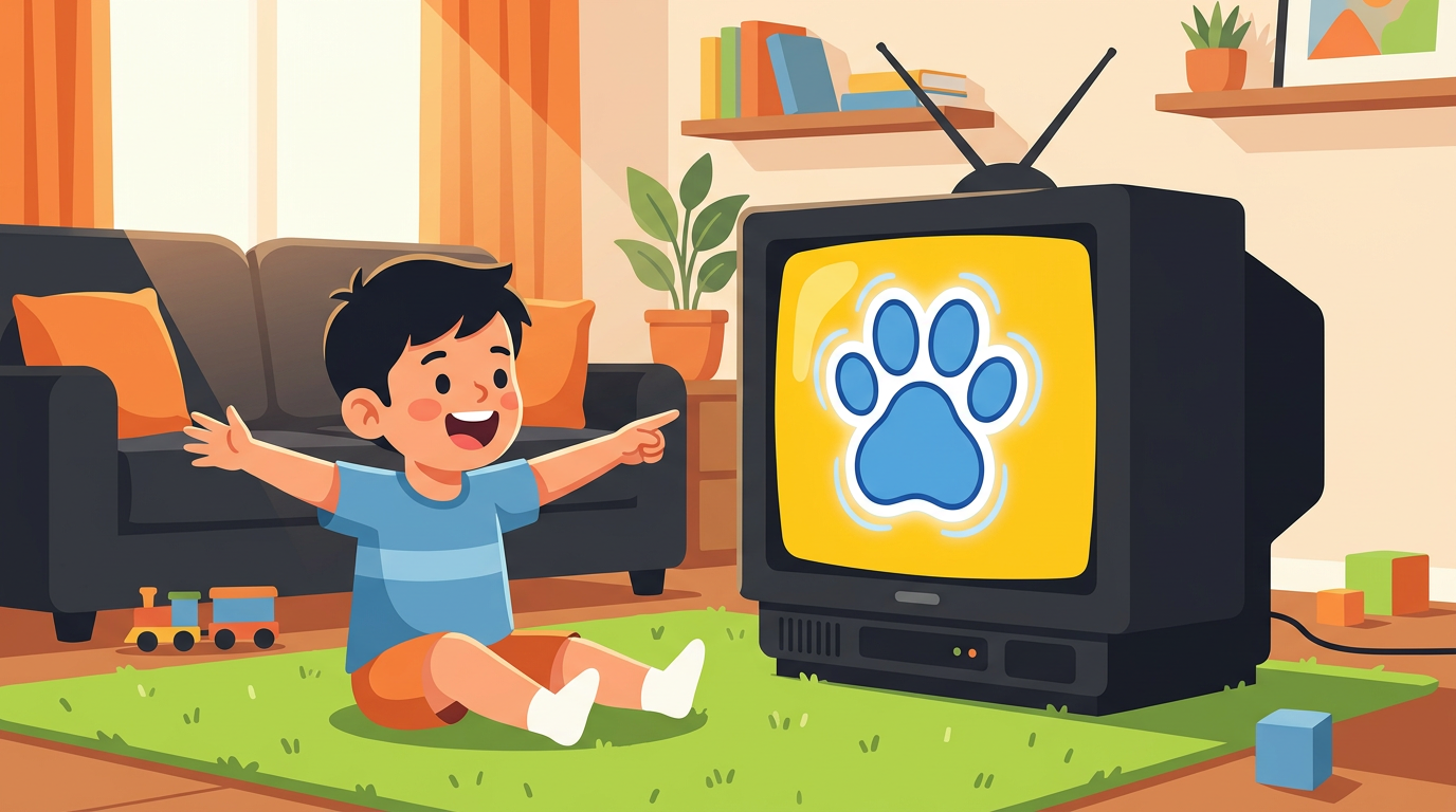 A colorful digital illustration of a young child pointing excitedly at a 90s television set playing an interactive animated kids show.
