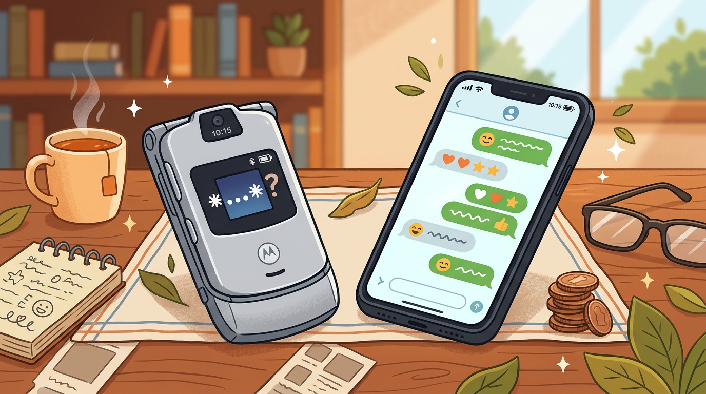 Vector illustration of a vintage flip phone showing dot-dot-dot text messages next to a modern smartphone.