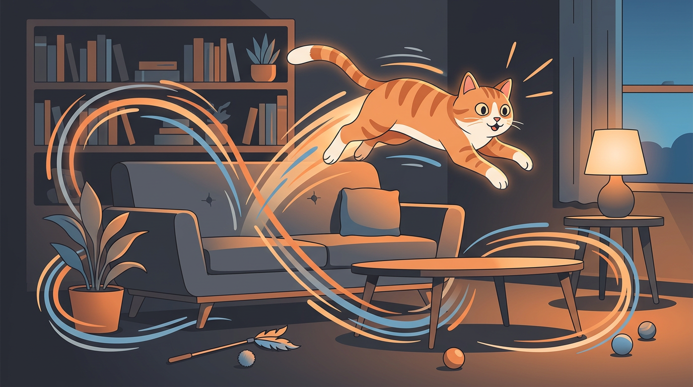 Illustration of a playful cat mid-air doing zoomies in a cozy living room at twilight.
