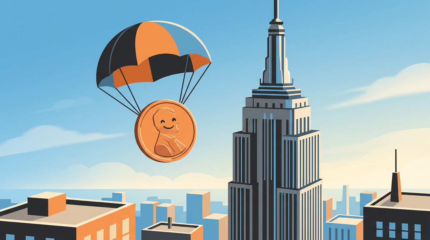 A friendly penny with a tiny parachute floating past a cartoon skyscraper toward a sunlit city street.