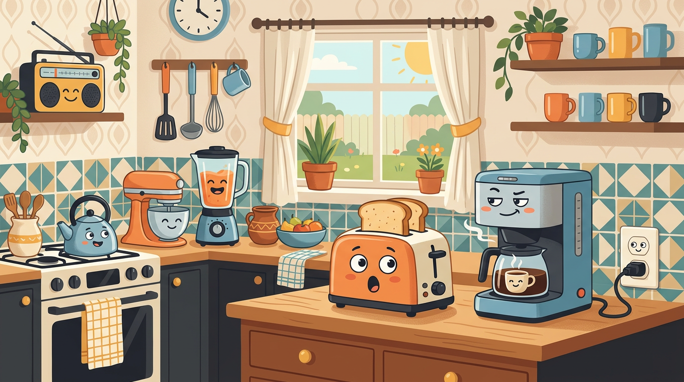 A colourful cartoon illustration of kitchen appliances with funny facial expressions looking at each other.