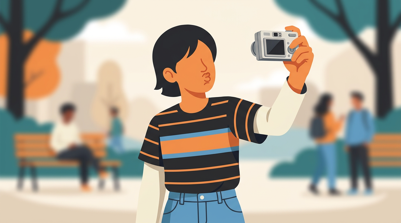 A colourful early-2000s styled illustration of a person holding a digital camera and making a duckface pose.
