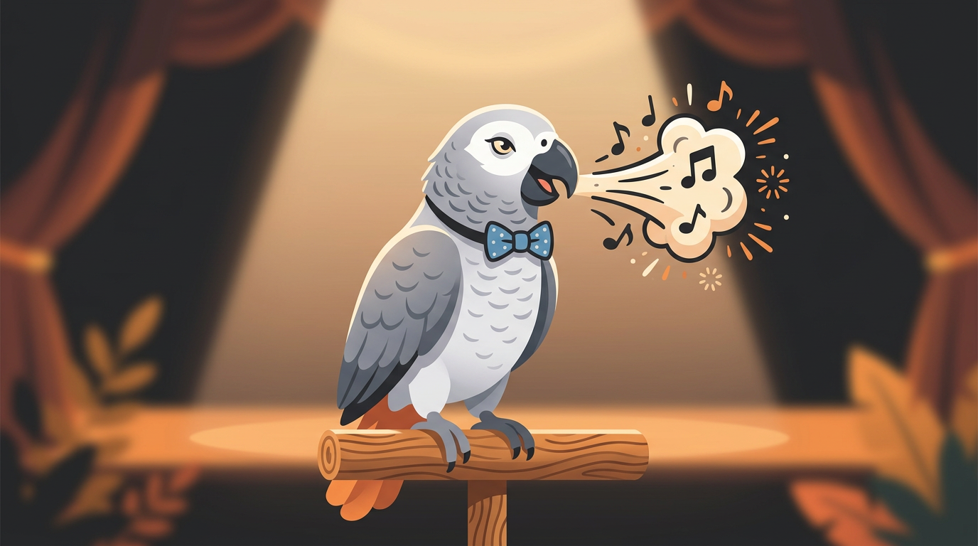 A colorful illustration of an African Grey parrot wearing a bow tie under a spotlight on stage.