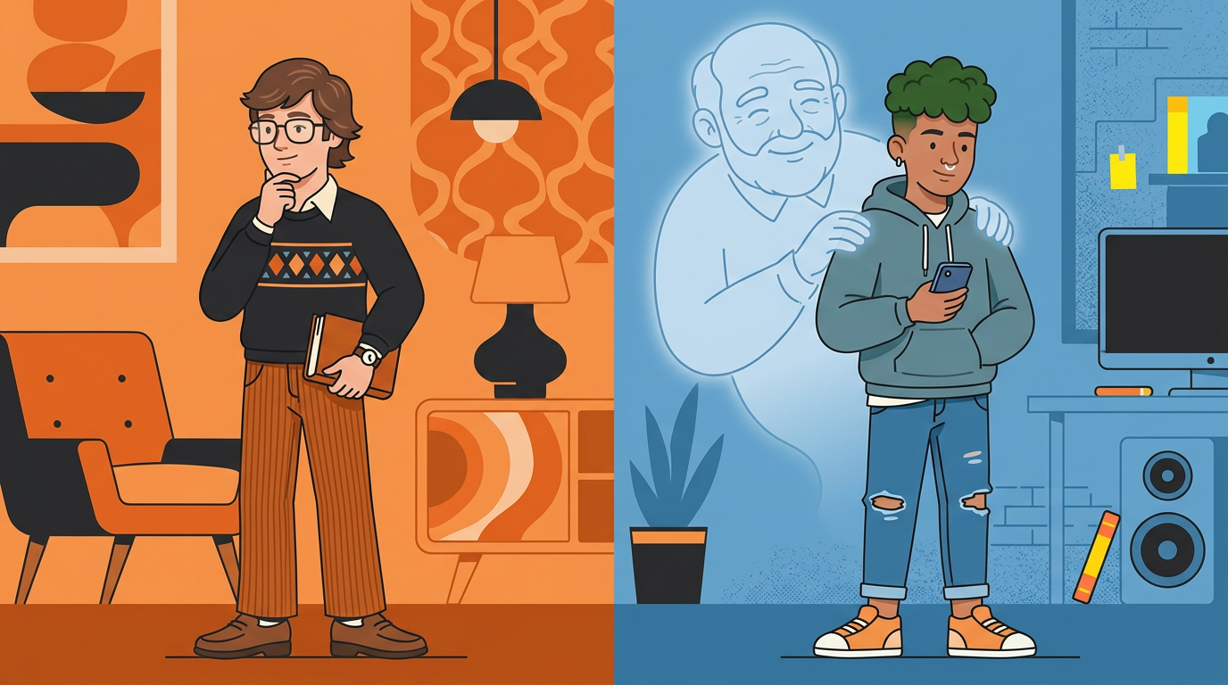 A playful digital illustration comparing a retro 1970s teenager in horn-rimmed glasses with a modern teenager sporting a broccoli haircut.