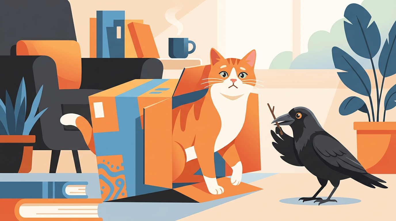 A humorous illustration of a cat stuck inside a small cardboard box while a clever crow watches nearby.