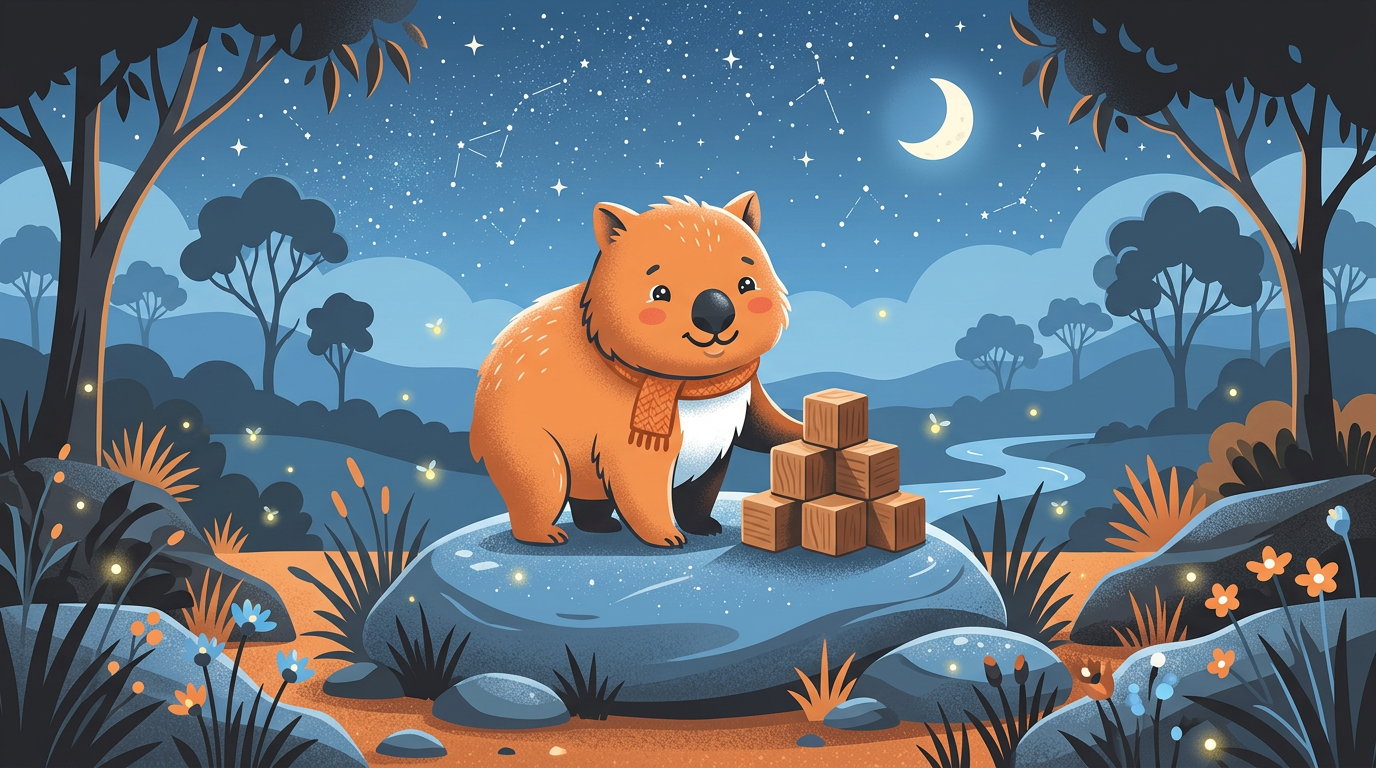 Illustration of an adorable brown wombat standing next to tiny cube-shaped blocks on a rock in the Australian bush at night.