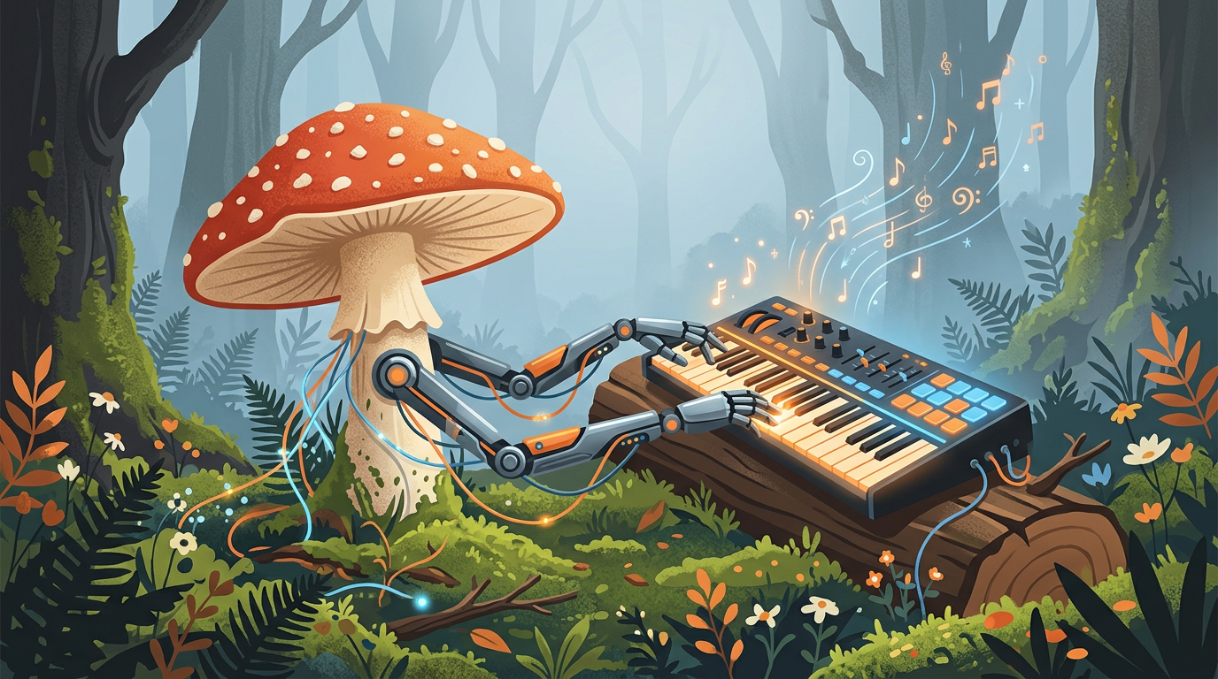A digital illustration of a wild mushroom on a mossy forest floor using small metallic bionic arms to press keys on a synthesizer keyboard.