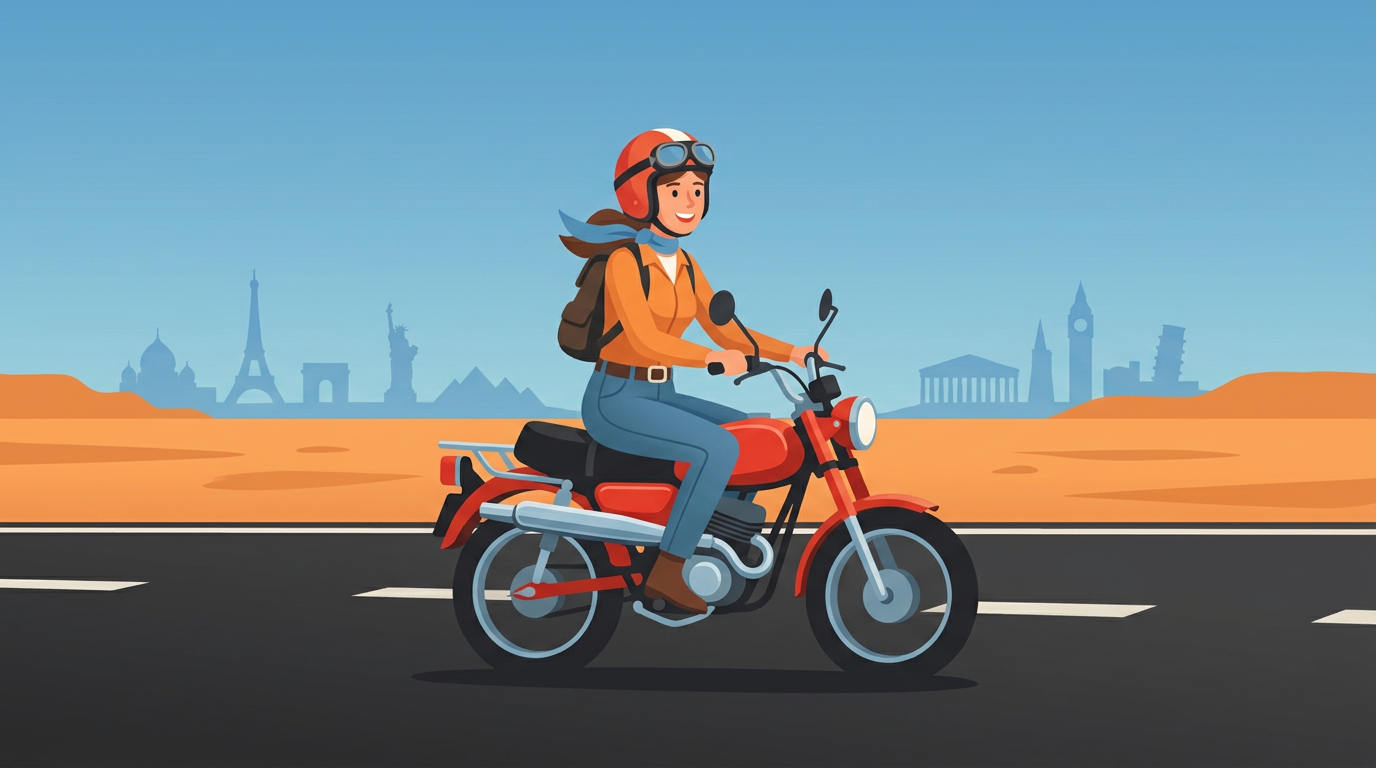 A colorful retro illustration of a woman riding a small vintage 125cc motorcycle down a open scenic highway.