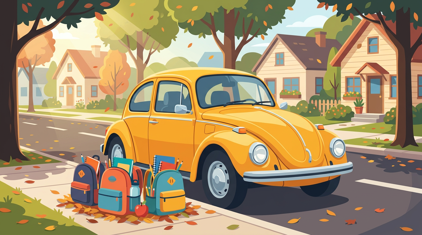 Illustration of a bright yellow vintage VW Bug on a sunny street next to colorful school backpacks overflowing with supplies.