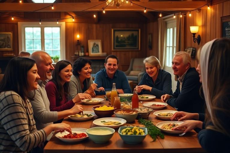 A small community potluck gathering around a shared table