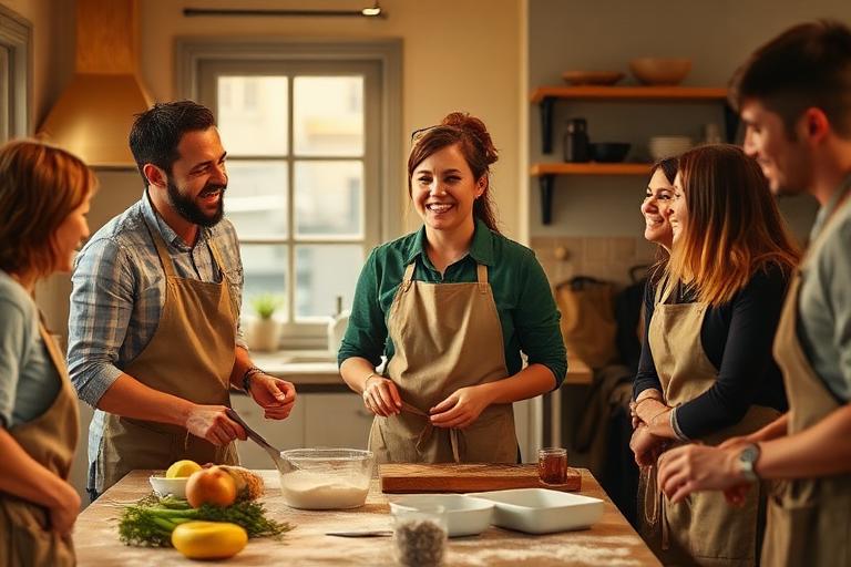 A friendly cooking workshop with a host demonstrating to guests