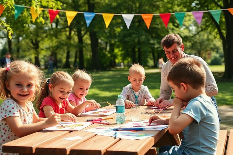 Kids doing arts and crafts at a family activity day in the park