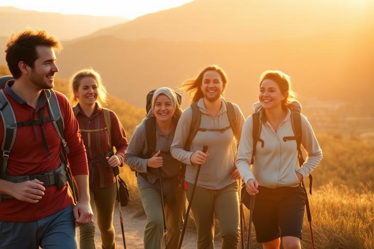 A local hiking group laughing together on a scenic trail