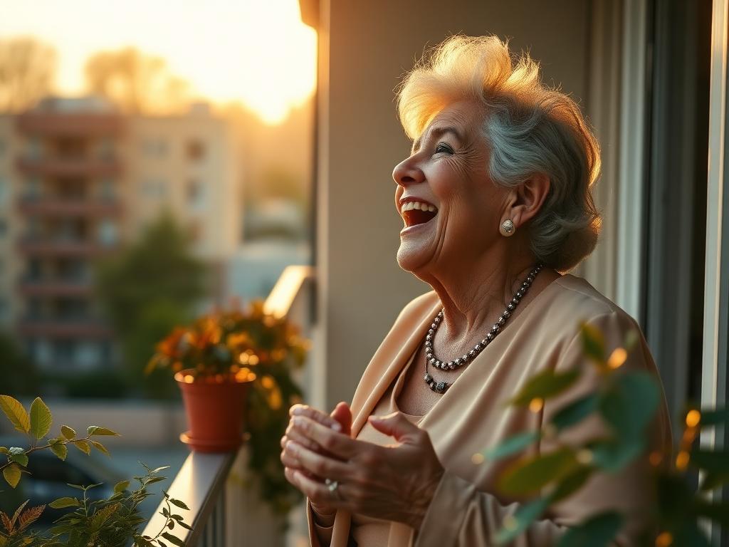 An elegant older woman singing on an apartment balcony in golden morning light
