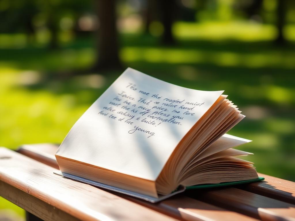 A paperback book with a handwritten note resting on a sunny park bench