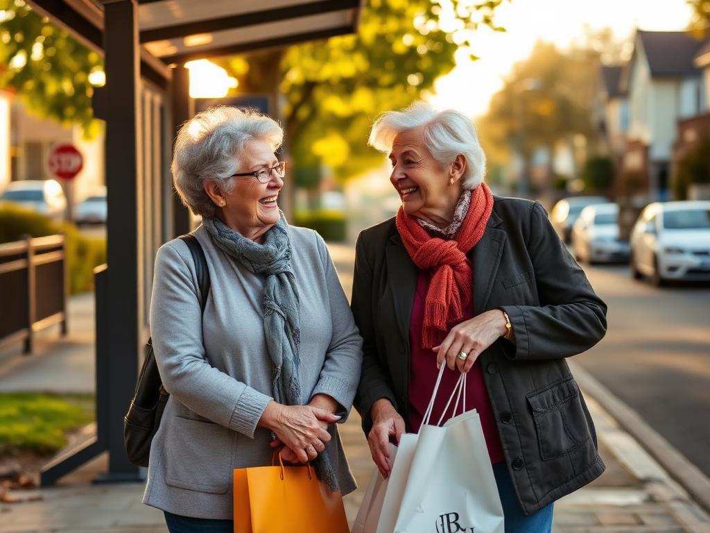 Two older women laughing together at a suburban bus stop in morning light