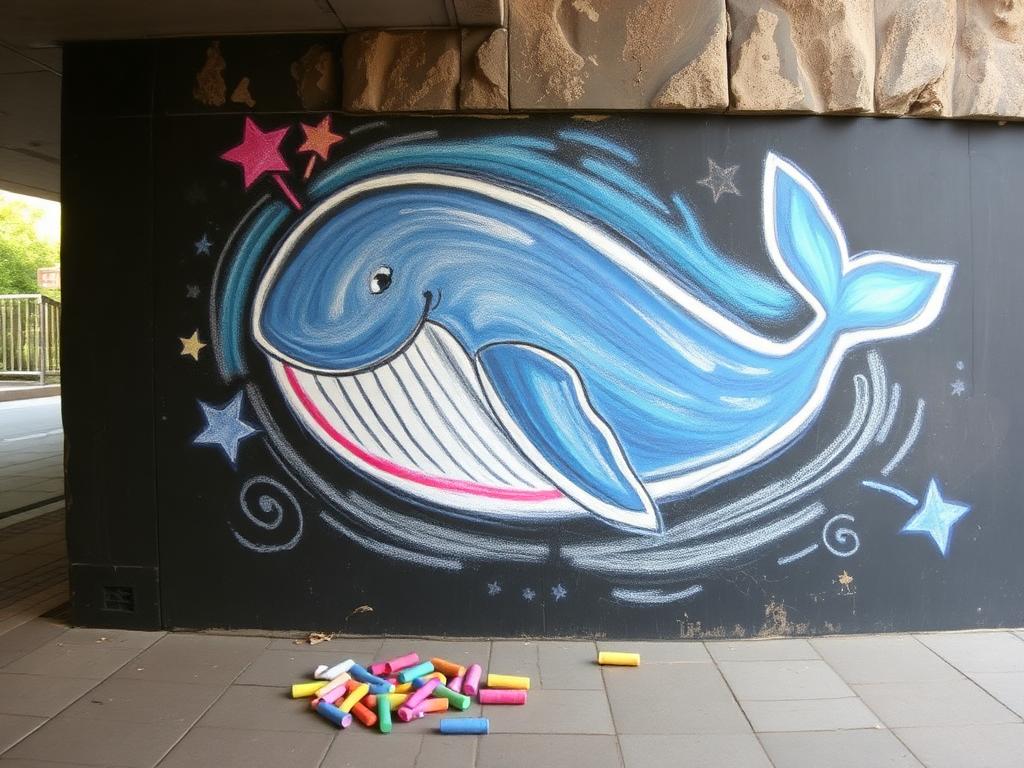 A colourful chalk mural of a whale drawn on a pedestrian underpass wall