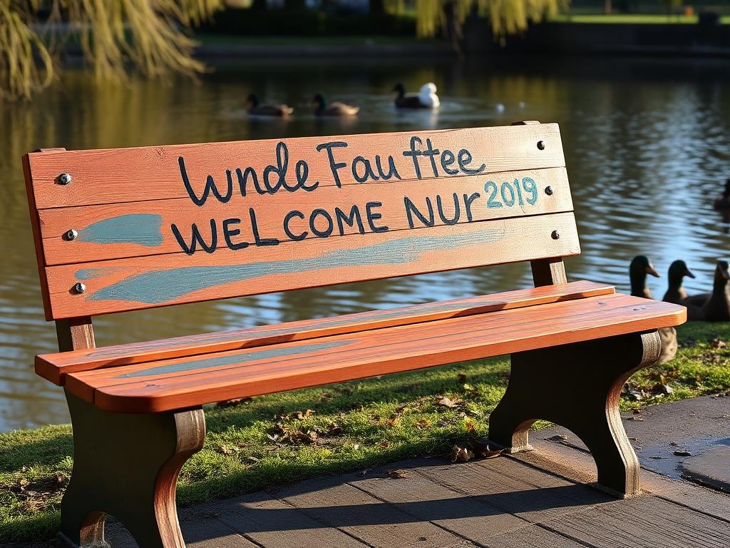 A painted park bench beside a duck pond with a friendly hand-lettered sign