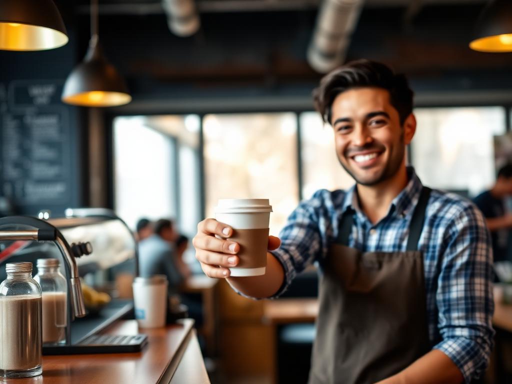 A smiling barista handing a coffee across a counter with a friendly note on the cup