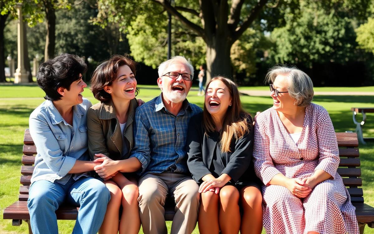 A group of friends of different ages laughing together on a park bench