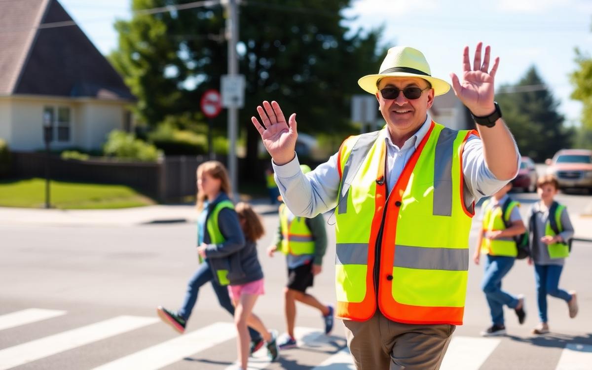 A cheerful school crossing guard waving as children cross the road