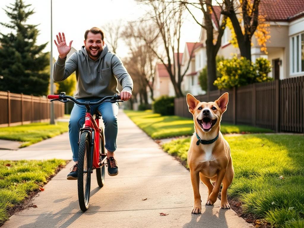 A smiling cyclist waving at an excited dog on a suburban footpath