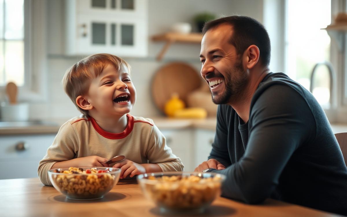 A child laughing at the breakfast table with a grinning parent
