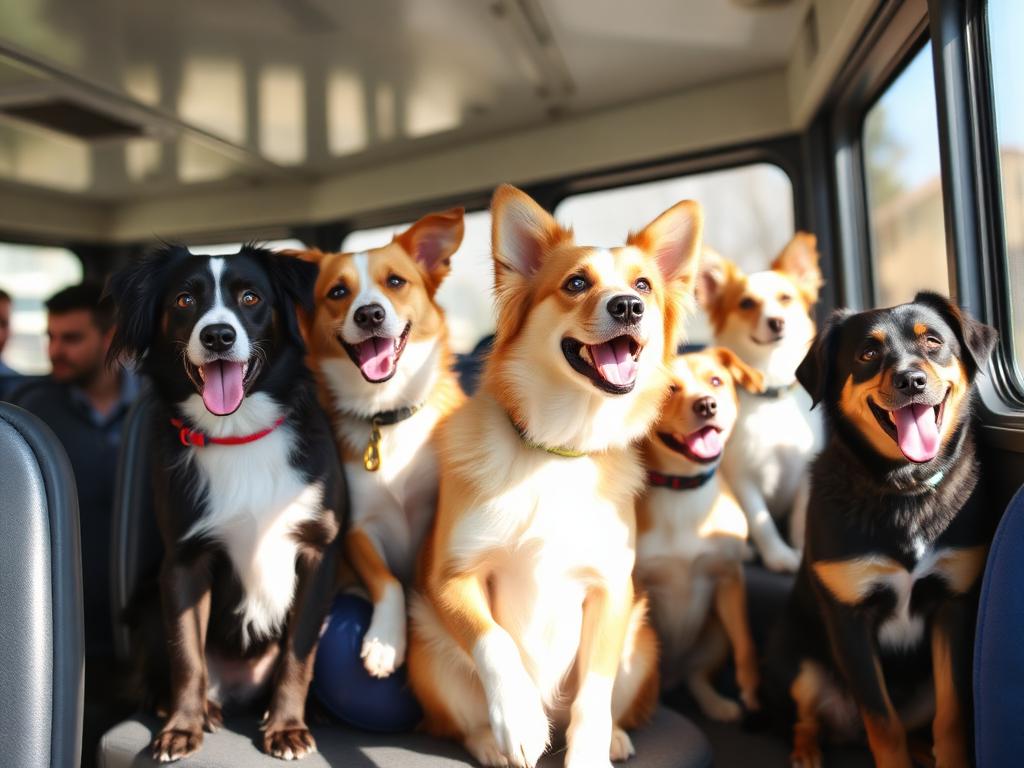 Happy dogs of different breeds sitting in bus seats looking out of windows