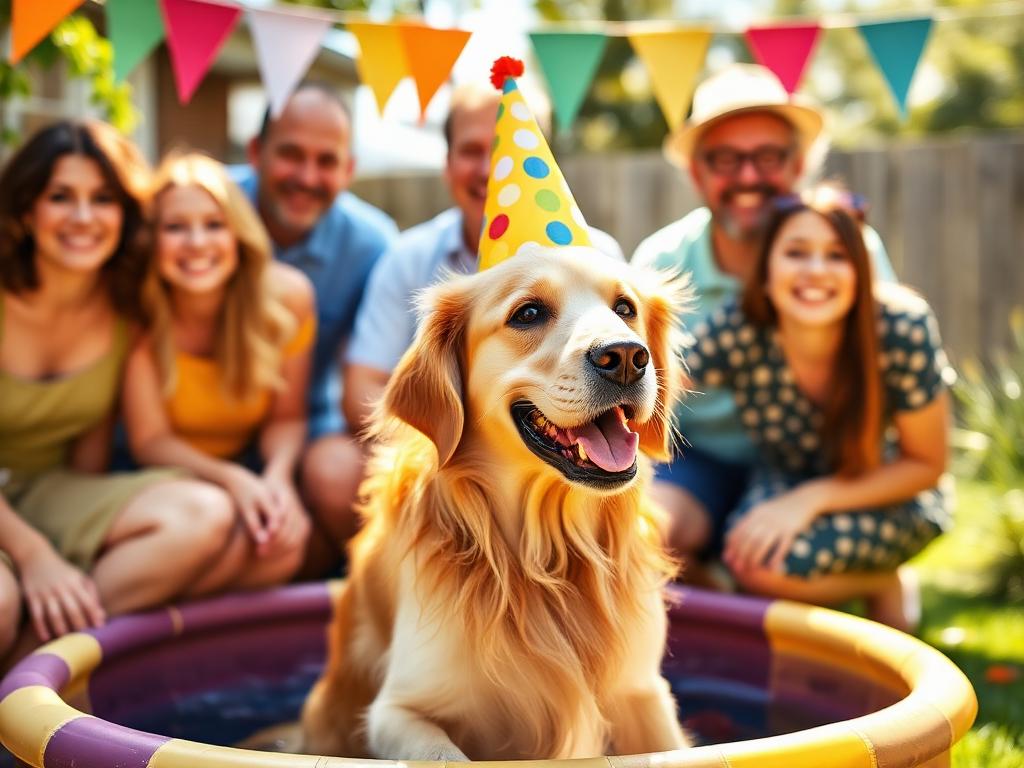 A golden retriever wearing a party hat surrounded by smiling neighbours and a paddling pool