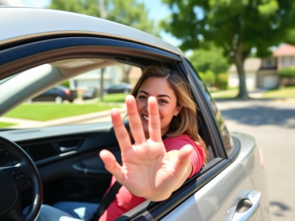 A driver giving a friendly thank-you wave out of a car window on a sunny street