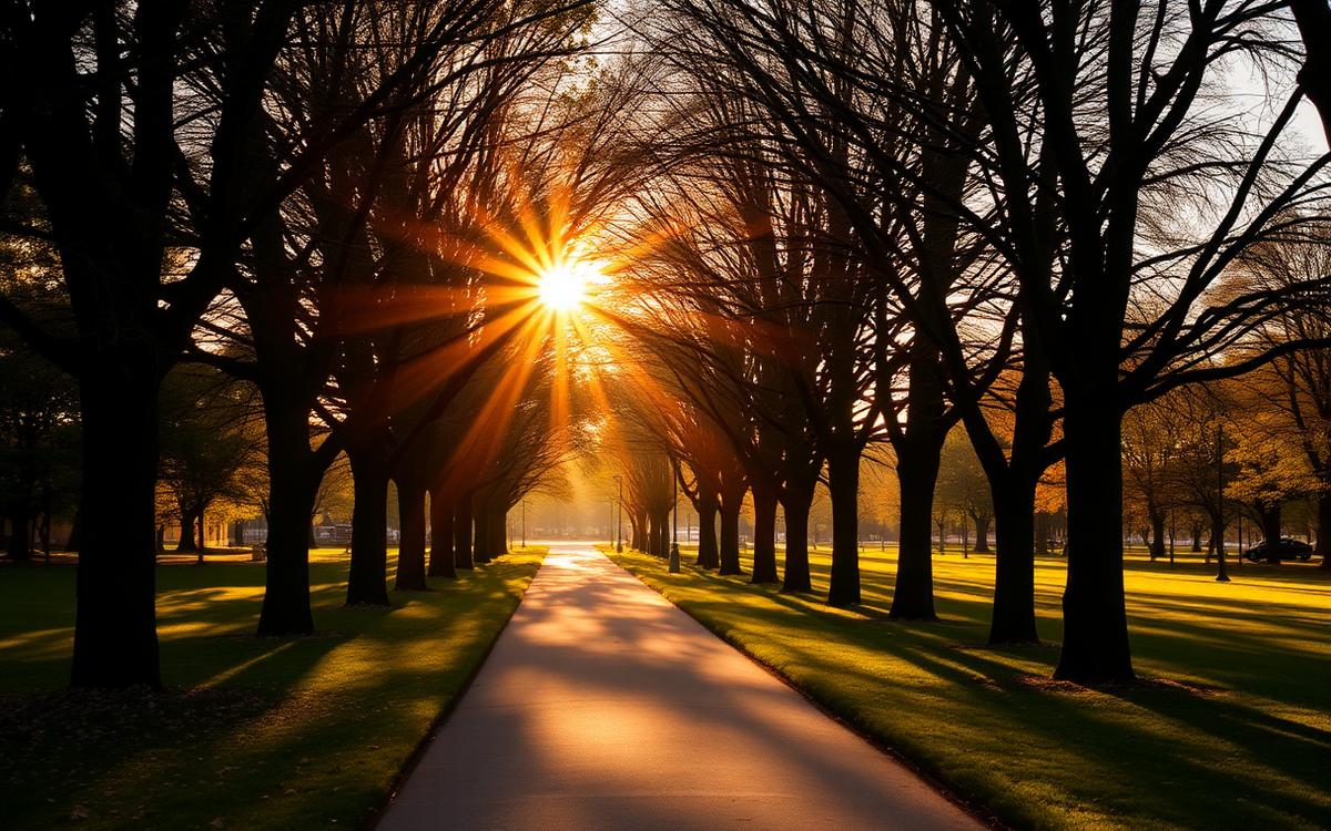 A sunlit tree-lined walking path in a park at golden hour