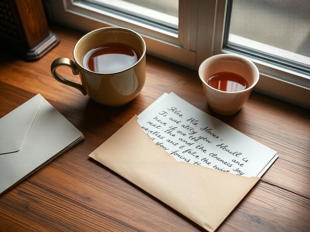 A handwritten letter in an opened envelope on a desk beside a warm cup of tea