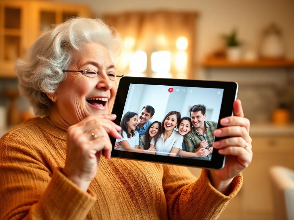 A delighted grandmother on a video call with her laughing family on screen