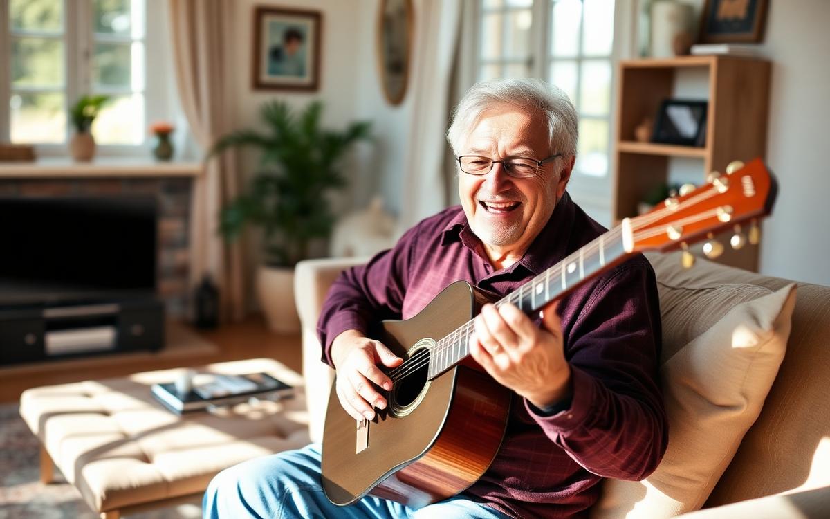 A smiling older man learning acoustic guitar in a sunny living room