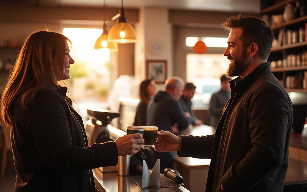 A barista handing a coffee to a smiling customer in a cosy cafe