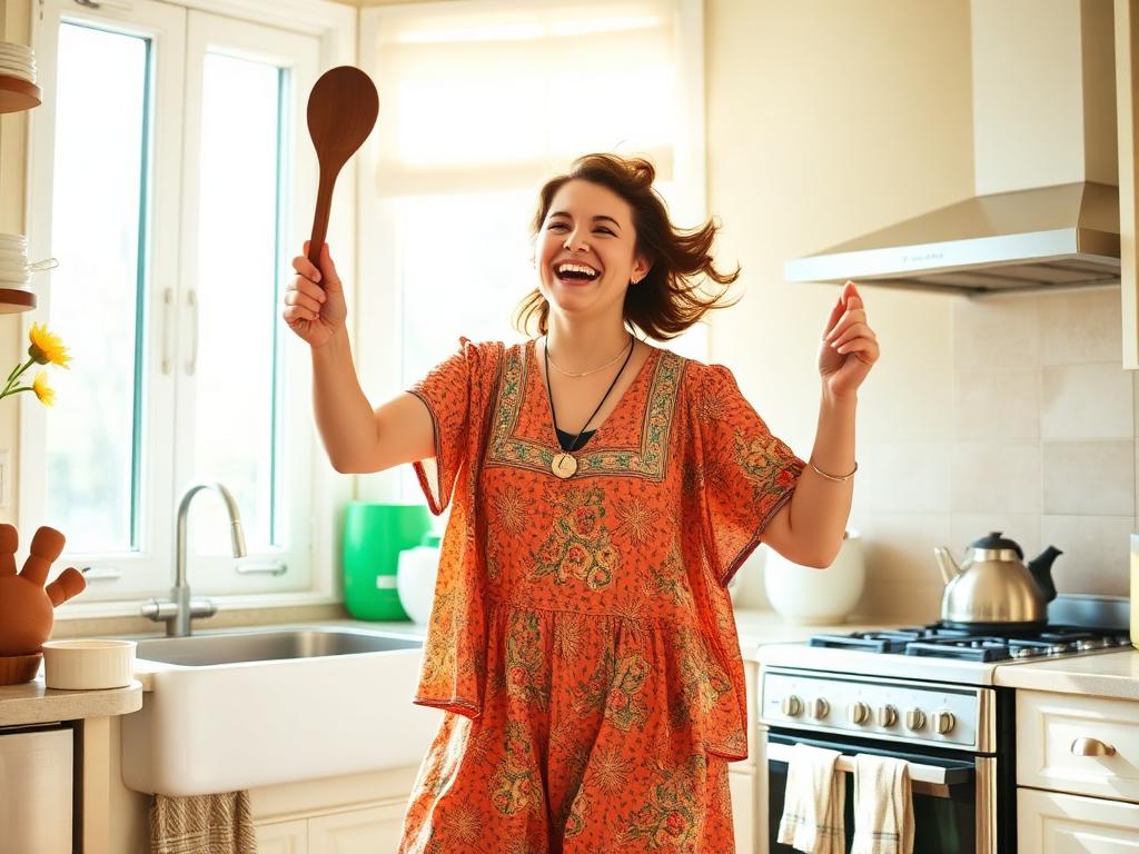 A joyful person dancing in a bright kitchen while a kettle steams on the stove