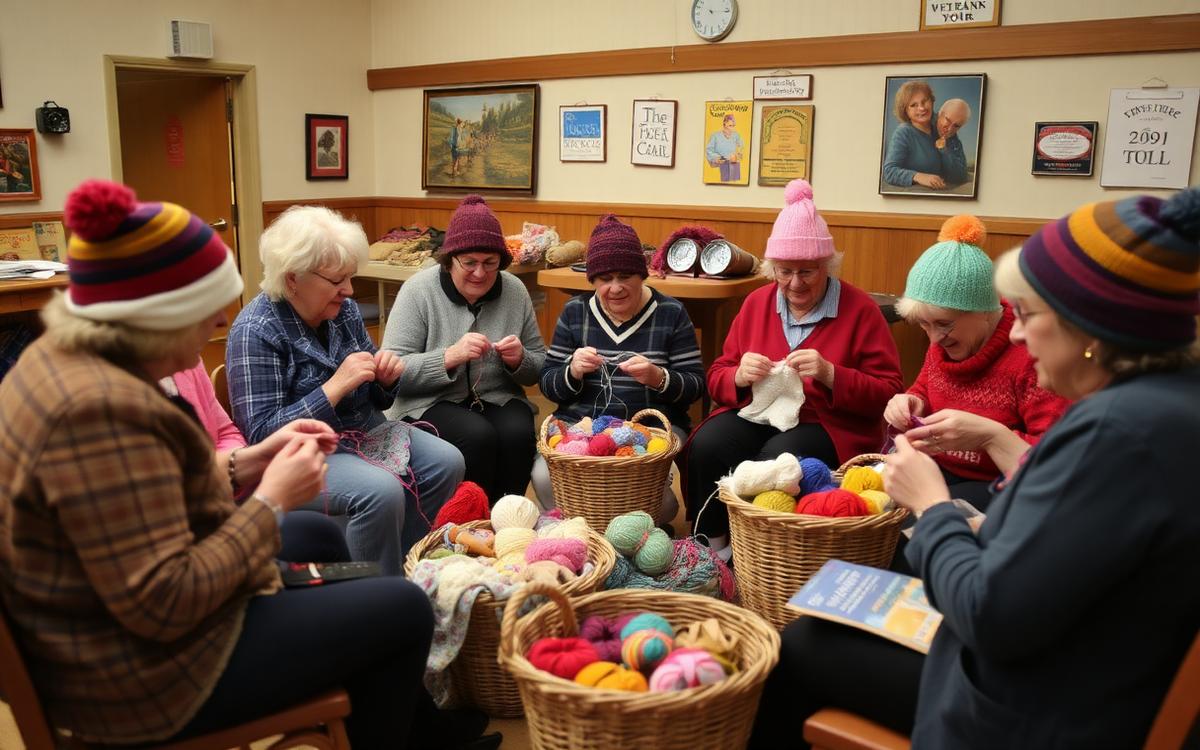 A cheerful knitting circle in a community hall making colourful hats
