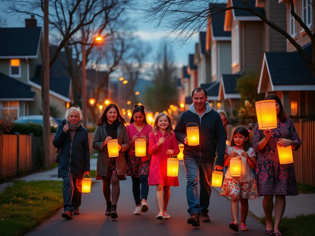 Neighbours walking down a street at dusk carrying glowing homemade lanterns