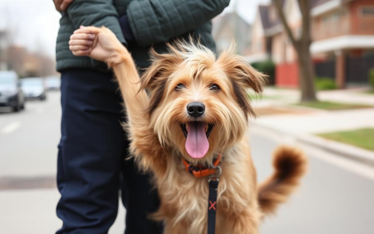 A happy scruffy dog reunited with its owner on a suburban street